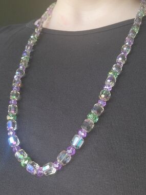 Iridescent Genuine Crystal Beaded Necklace in Purple & Green Artisan Handmade